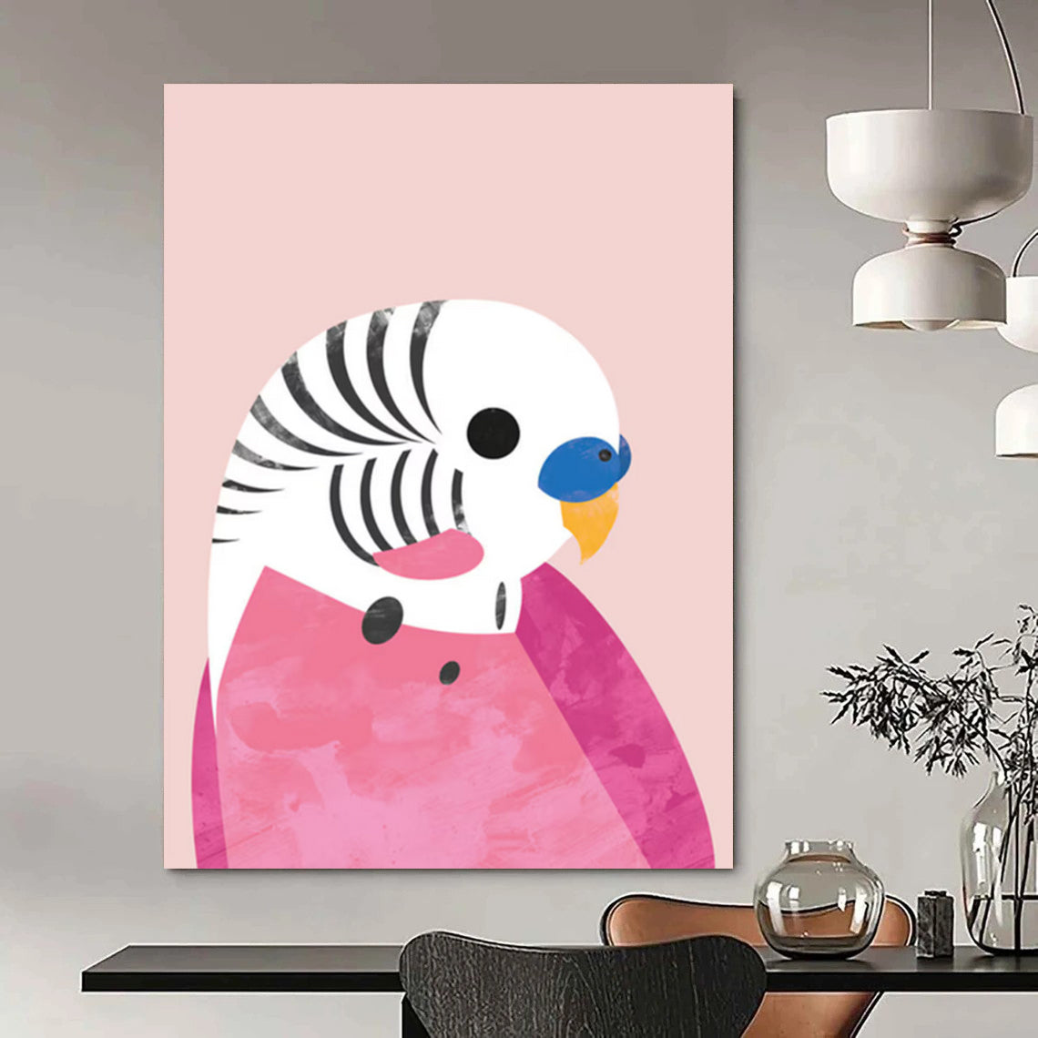 “Pink - Backgrounded Parakeet” - Colorful Bird with Geometric Shapes Painting On Canvas DS227