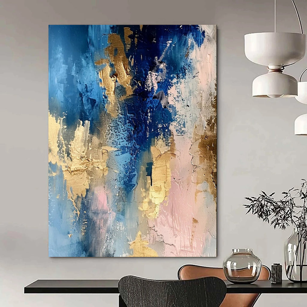 Blue - Gold - Pink Abstract Blend Textured Painting On Canvas DS072