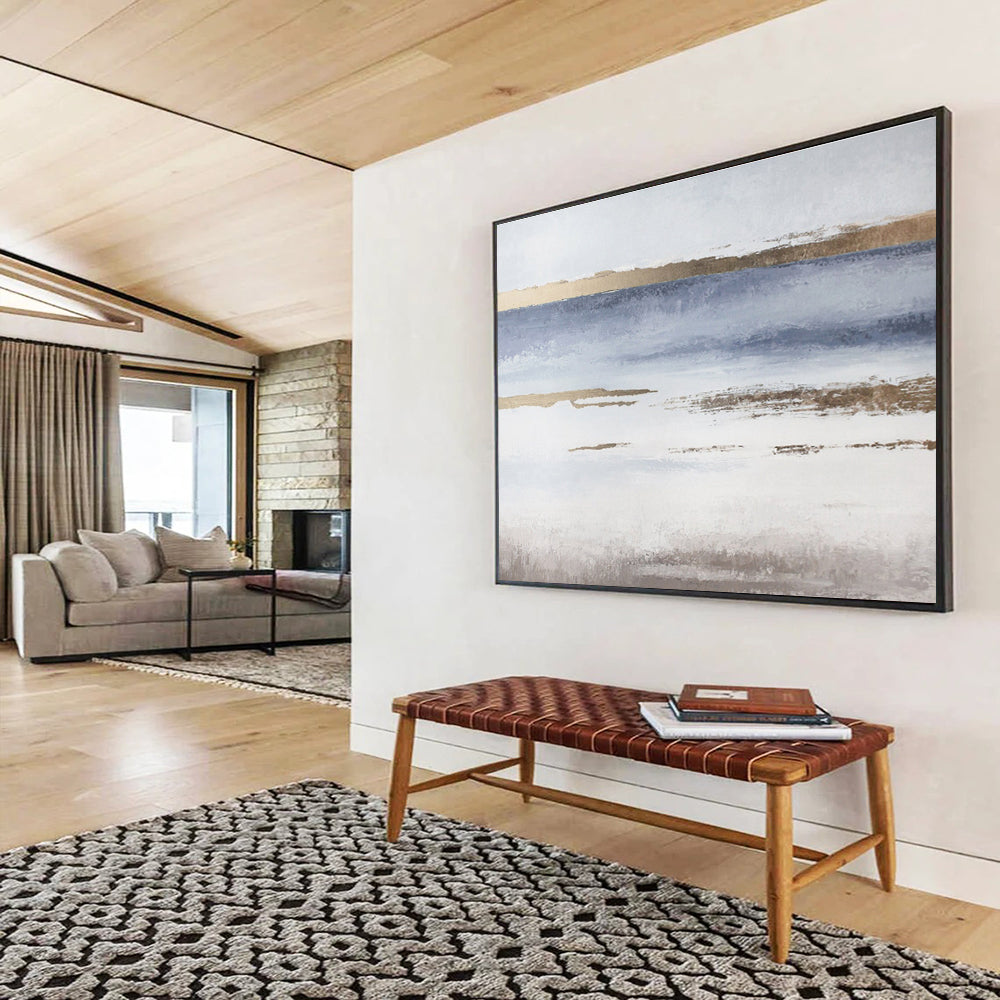 Blue and Gold Coastal Abstract Minimalist Seascape Painting On Canvas DKS135