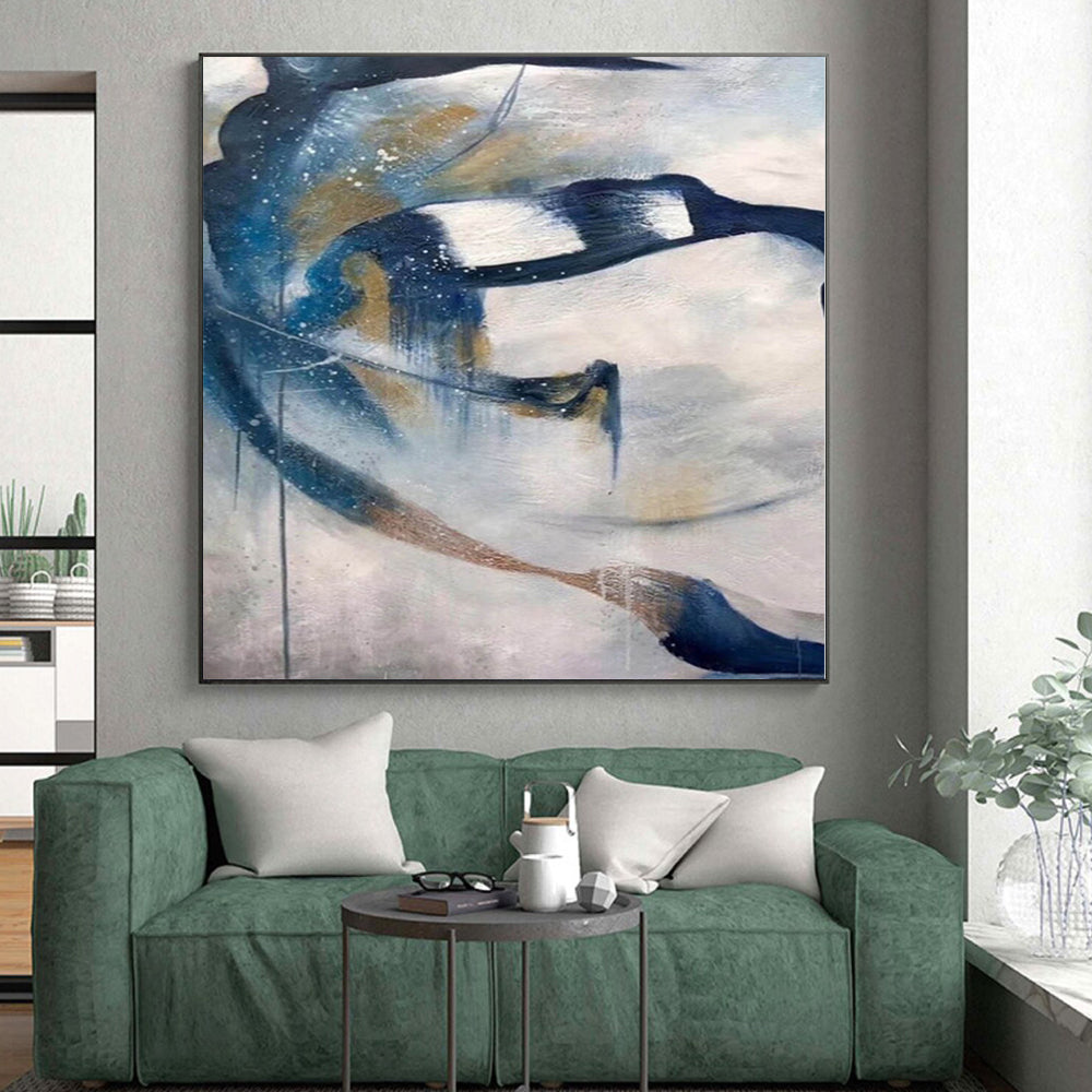 “Blue - Gold - White Abstract Flowing Shapes” - Graceful Abstract Painting On Canvas PS0312