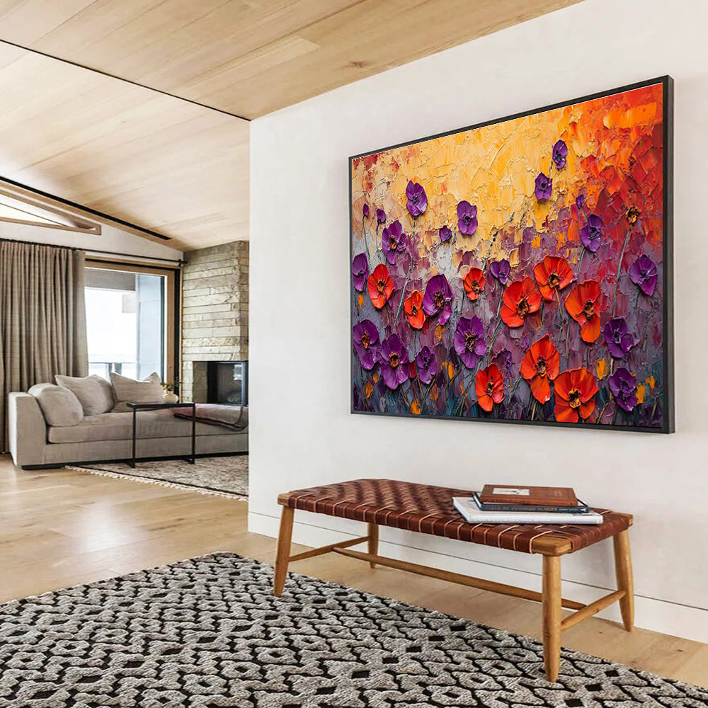 “Purple - Red Poppies Burst” - Impasto Oil Painting on Canvas DKS901