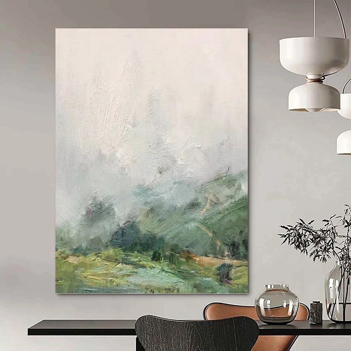 “Soft Green and Gray Landscape” - Landscape, Impressionistic Painting On Canvas PT1541