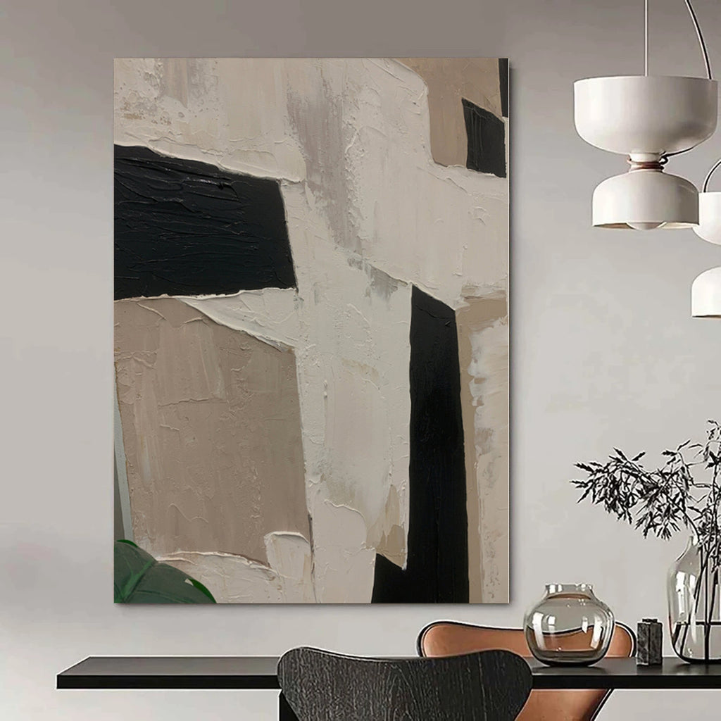 “Black - White - Beige Geometric Abstract” - Modern Abstract Painting On Canvas PS0107
