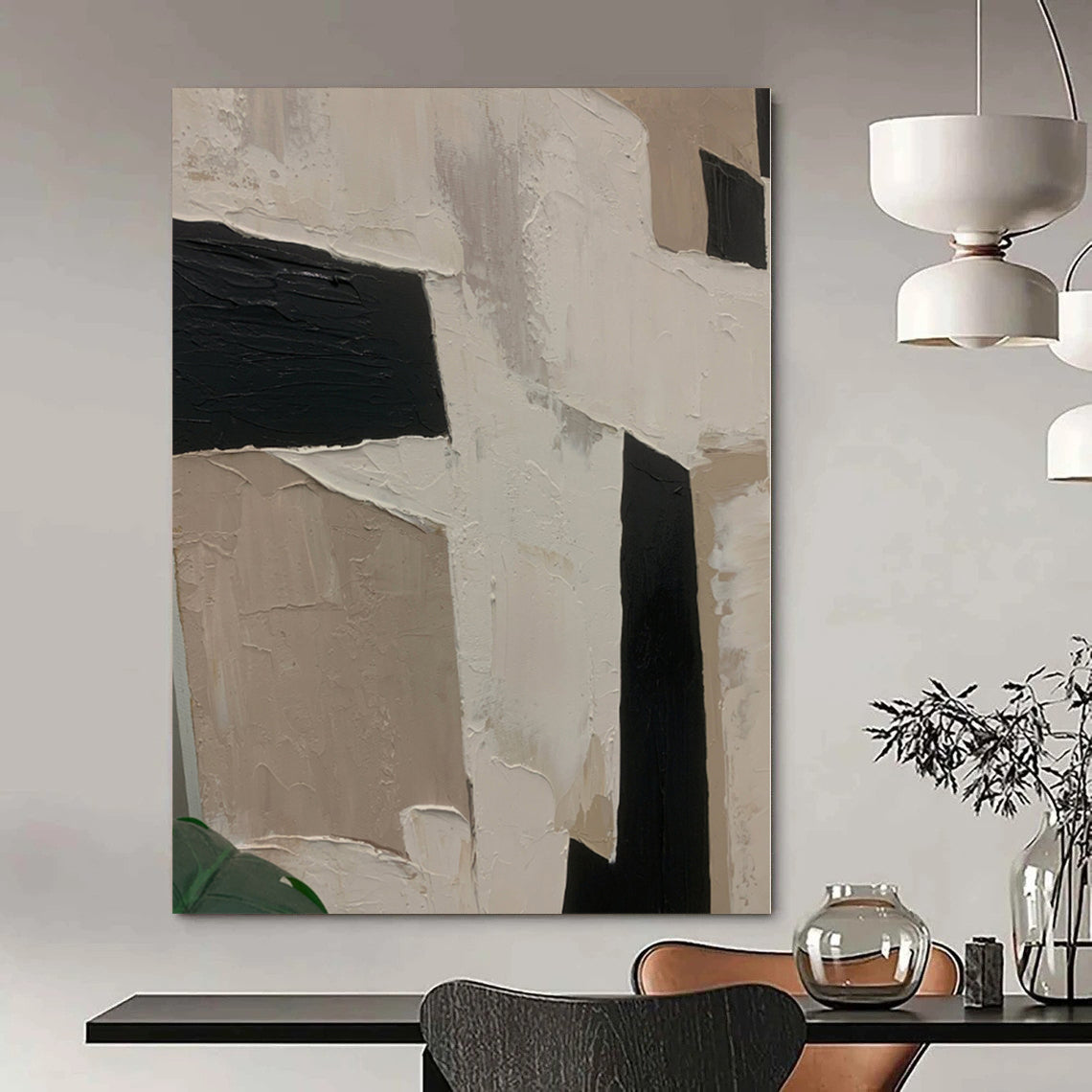 “Black - White - Beige Geometric Abstract” - Modern Abstract Painting On Canvas PS0107