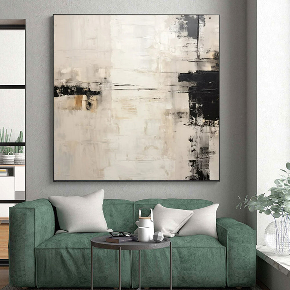 “White - Beige - Black Abstract Subtle Lines” Painting On Canvas PS0838