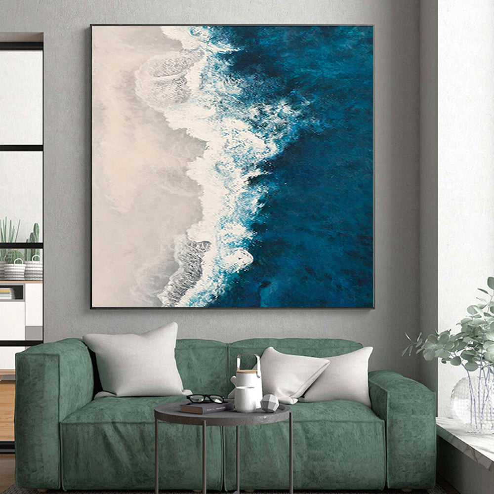 “Blue - White Ocean Abstract” - Blue, White Abstract Seascape Painting On Canvas PS0443