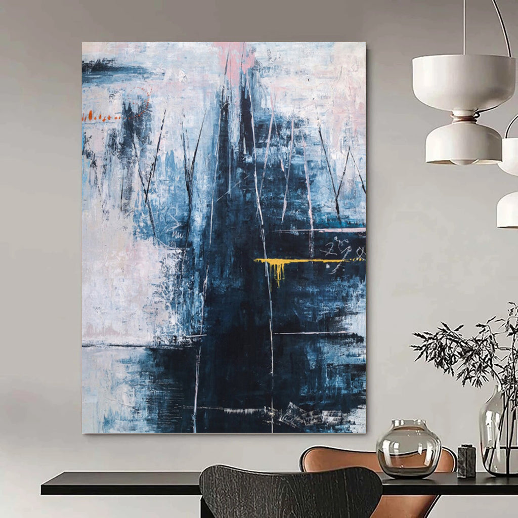 “Blue - Grey Abstract with Yellow” - Moody Abstract Painting On Canvas PT1111