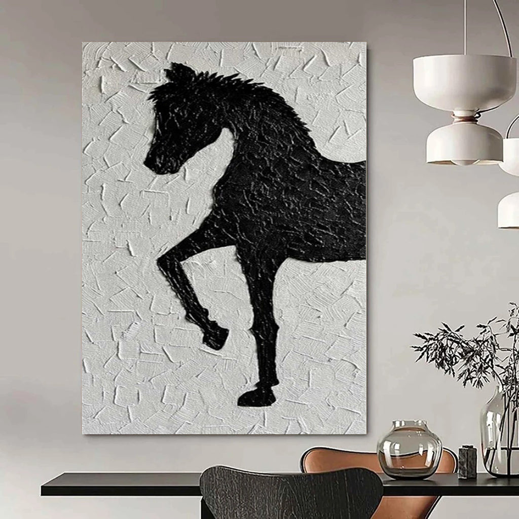 Textured Black Horse Silhouette on White "Equestrian Impression" Mixed - Media Painting On Canvas PS1079
