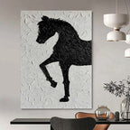 Textured Black Horse Silhouette on White "Equestrian Impression" Mixed - Media Painting On Canvas PS1079