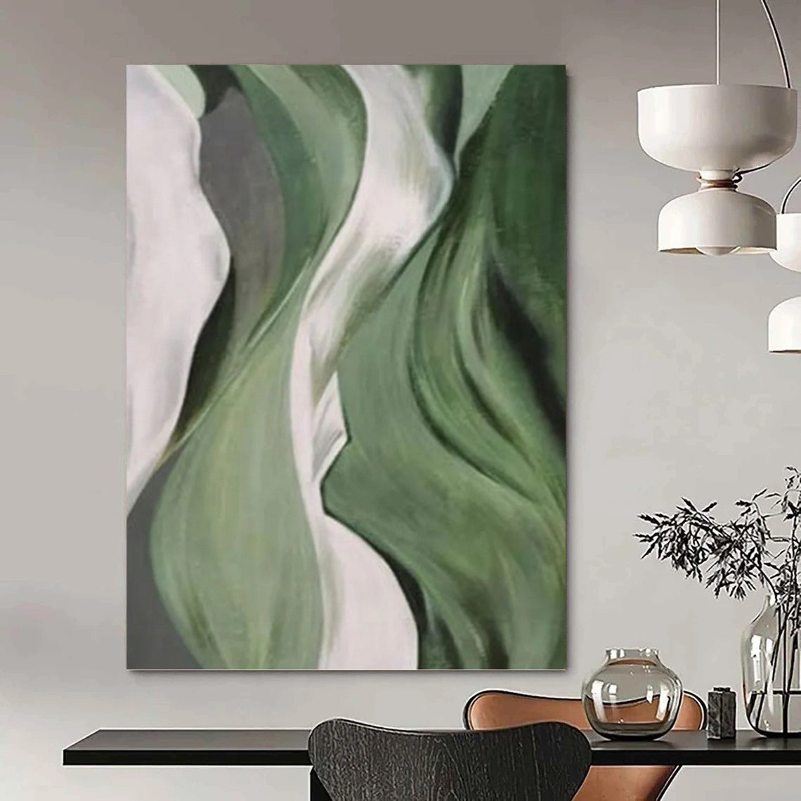 “Green and White Flowing Forms” - Abstract Botanical Painting On Canvas PT1054