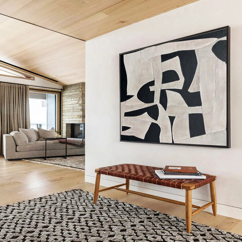 Black and White Geometric Shapes Abstract Painting On Canvas DKS091