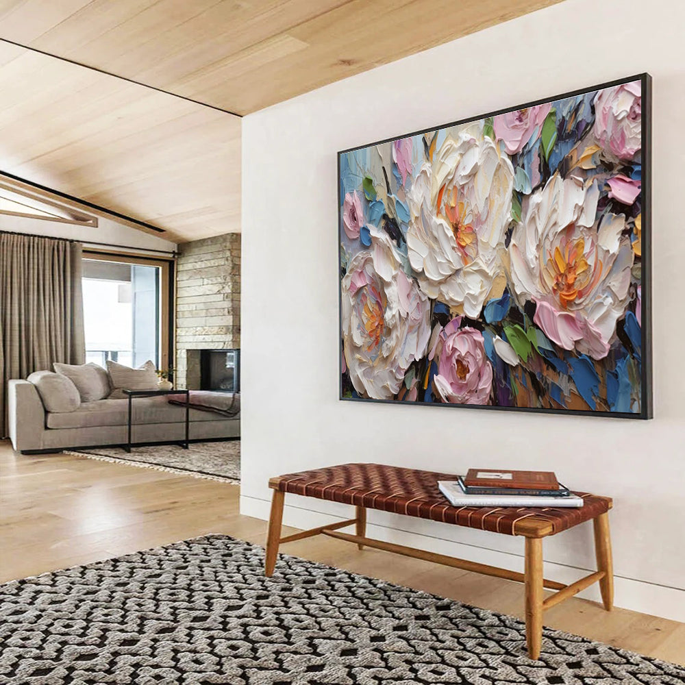 “White and Pink Peonies with Blue Accents” - Impasto Oil Painting On Canvas DKS891