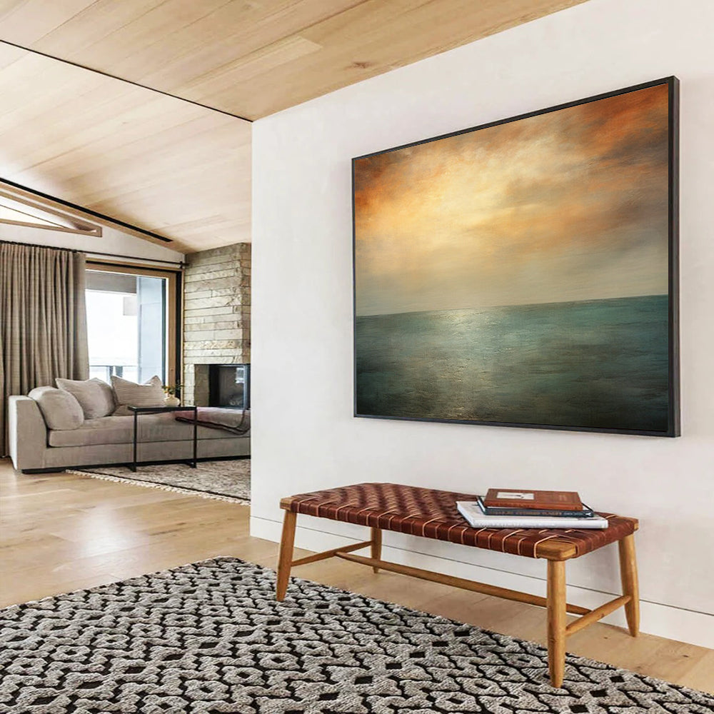 “Tranquil Sea in Orange, Gray & Teal” - Romantic Seascape Painting On Canvas PT010