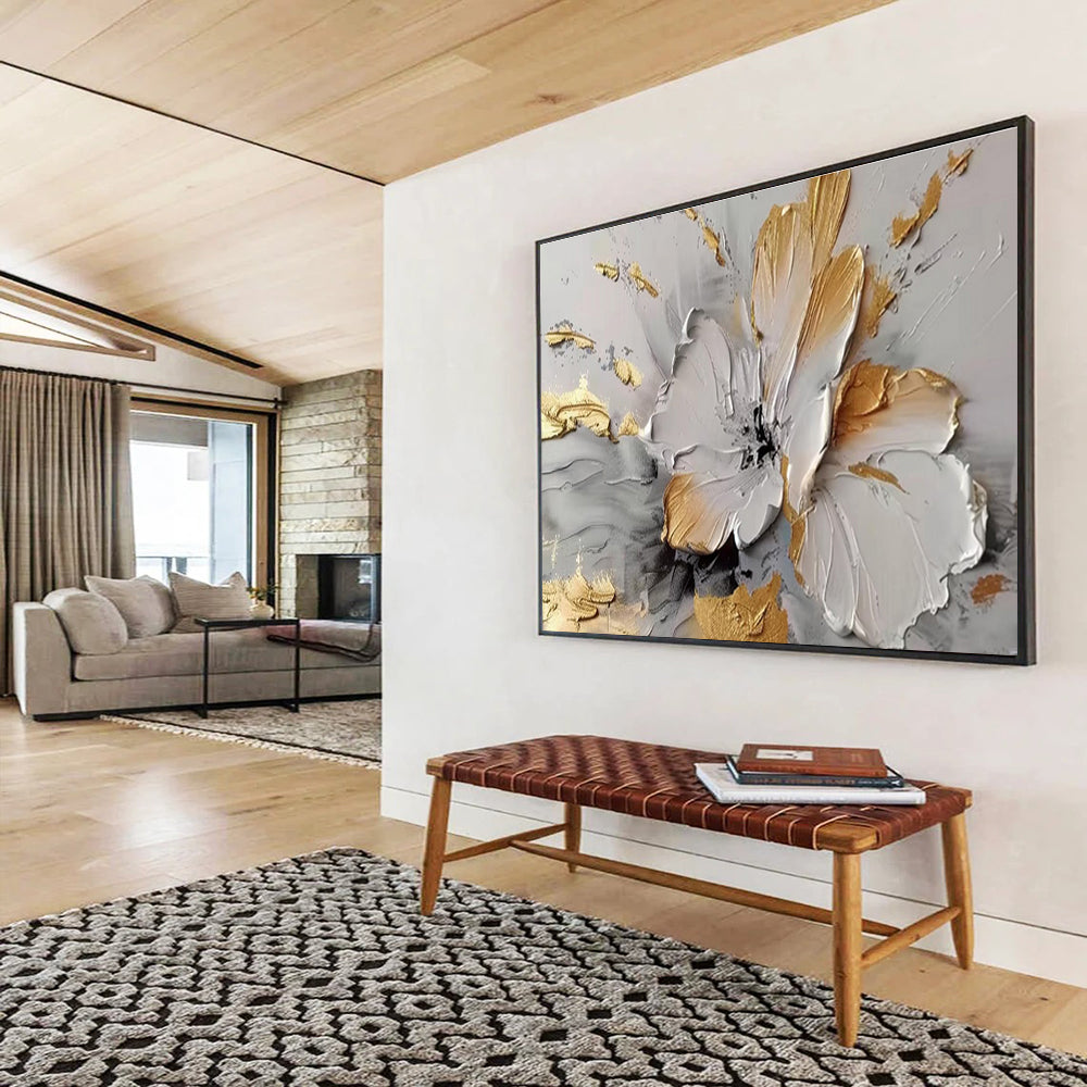 Gilded Bloom - Textured Floral Acrylic Painting, Suited for Dining Room & Entryway DKS677