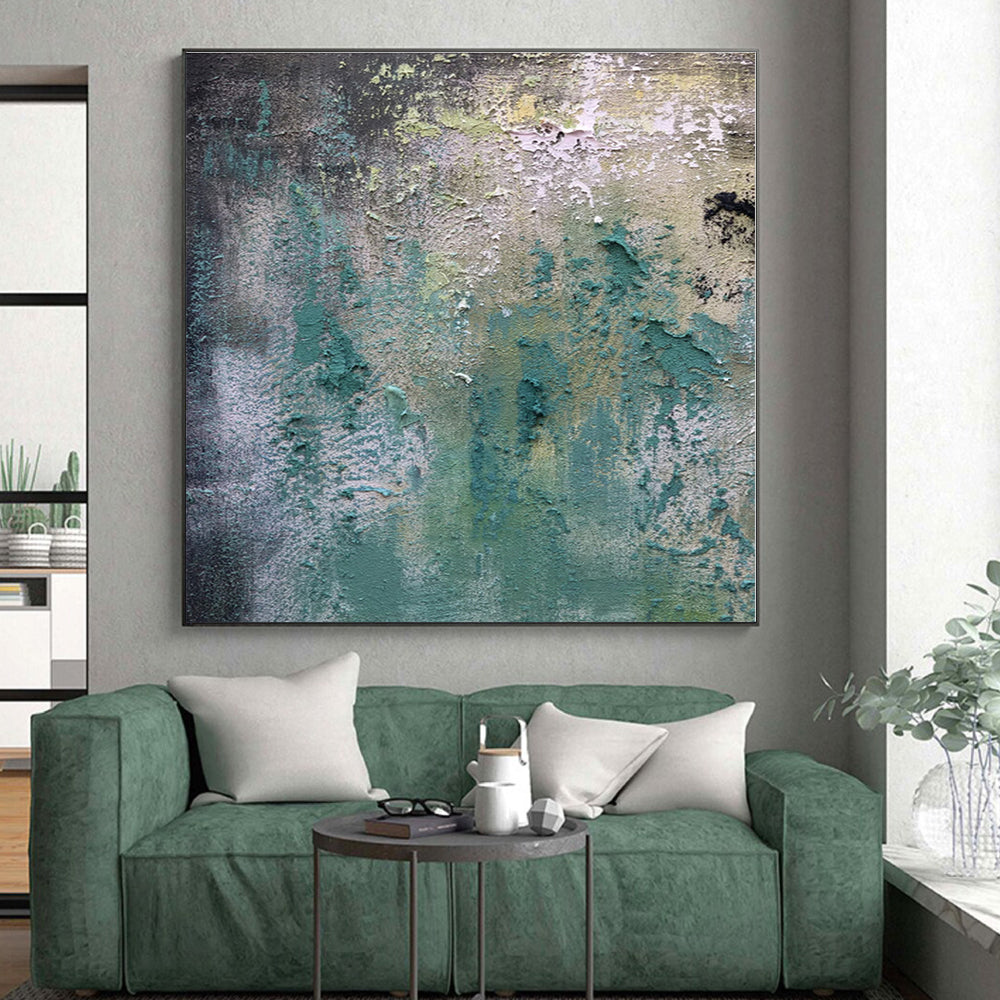 “Teal - Green Textured Wall - like” - Teal, Green, Gray Abstract Textured Painting On Canvas PS0578
