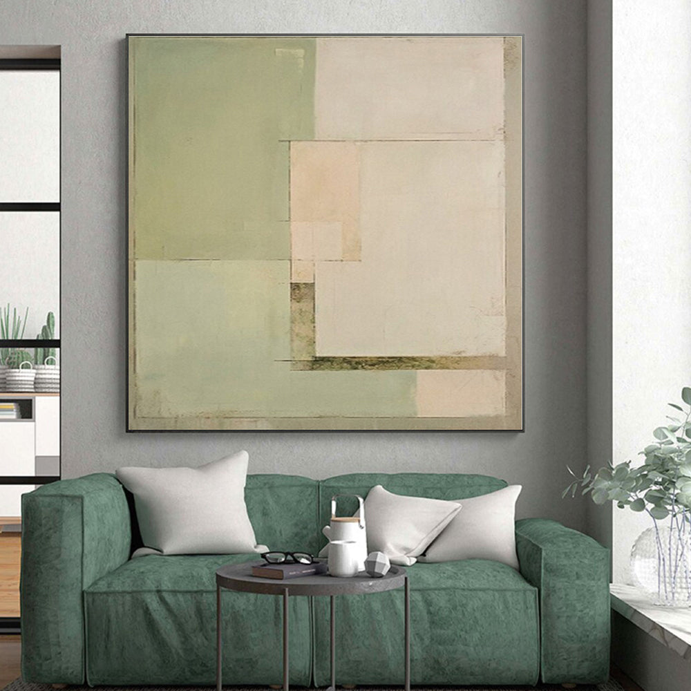 “Soft Green Blocks” - Light Green, Beige Abstract Minimalist Painting On Canvas PS0398