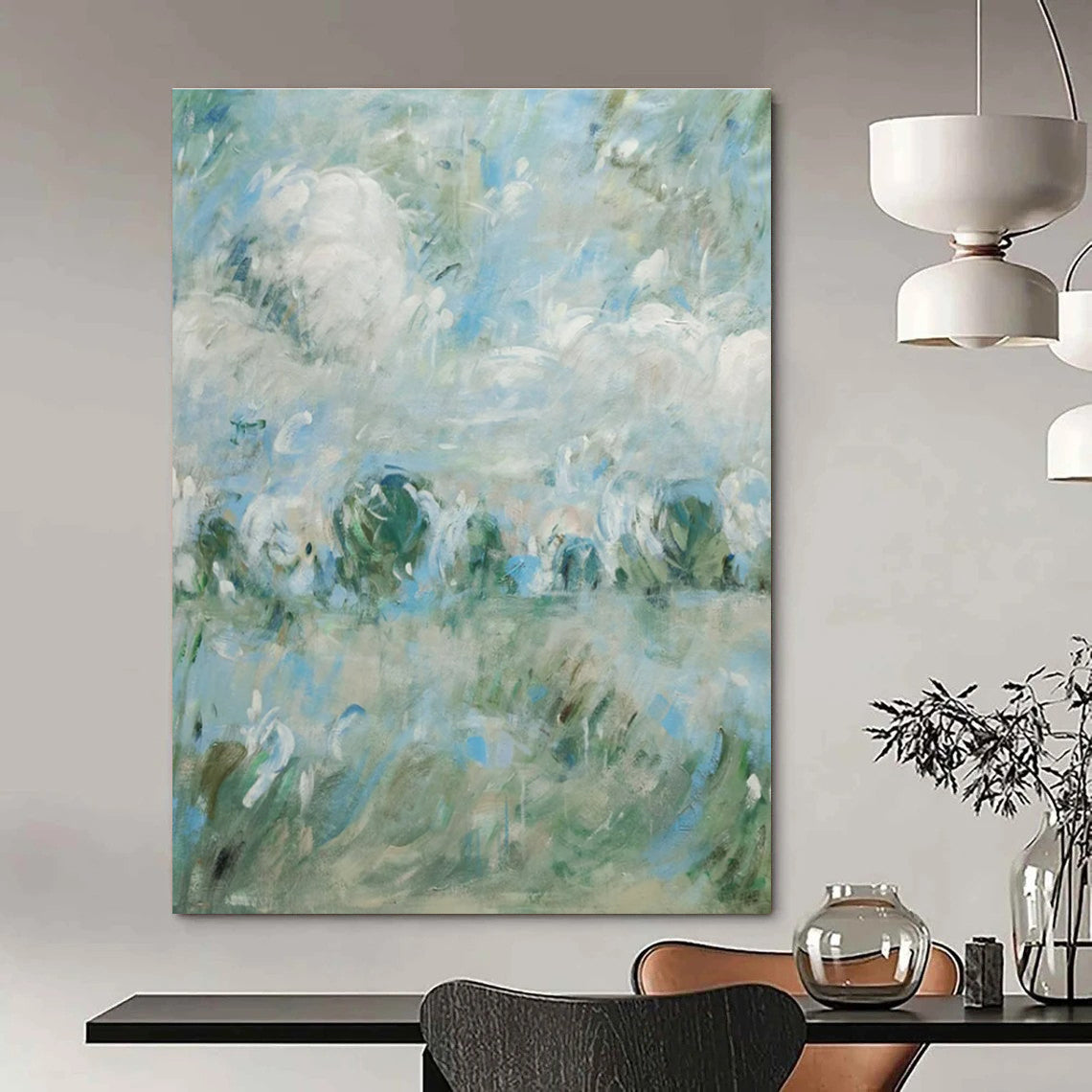 Blue, Green, White with Impasto Landscapes "Soft Horizon" Abstract Painting On Canvas PS1439