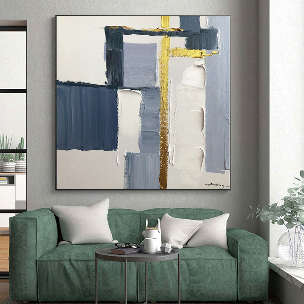 “Blue - Gold Geometric Fusion” - Blue, Gold, Gray Abstract Painting On Canvas PS0514