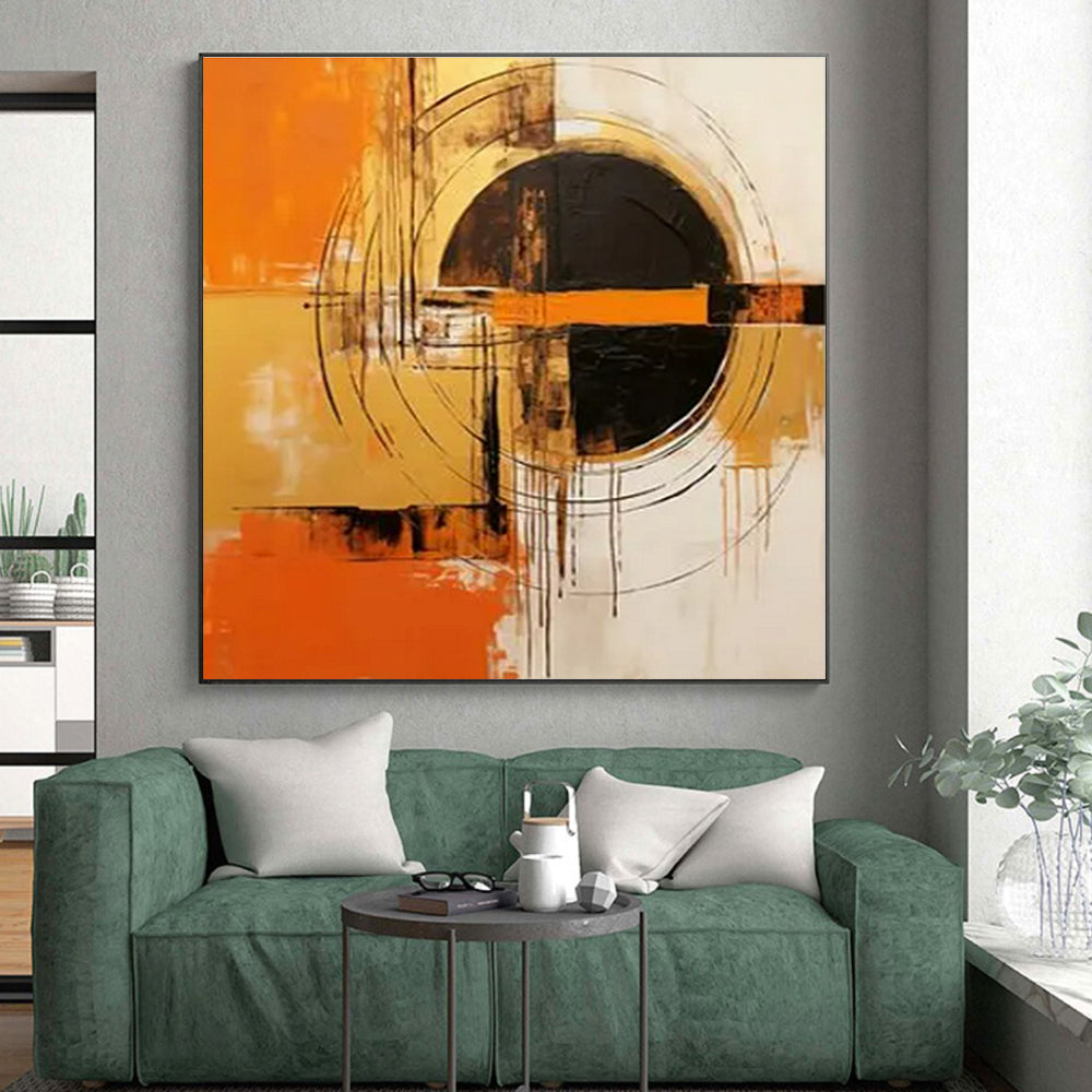 Orange, Gold, Black & White Geometric Abstract "Solar Pulse" Painting On Canvas PS0853
