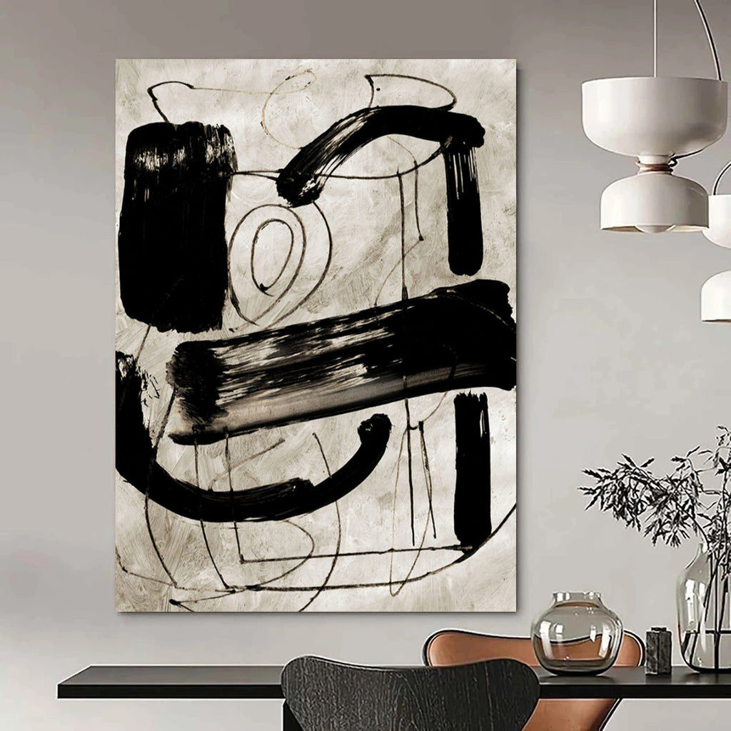 “Black Ink Abstraction” - Bold Strokes on Light Background Painting On Canvas DS169