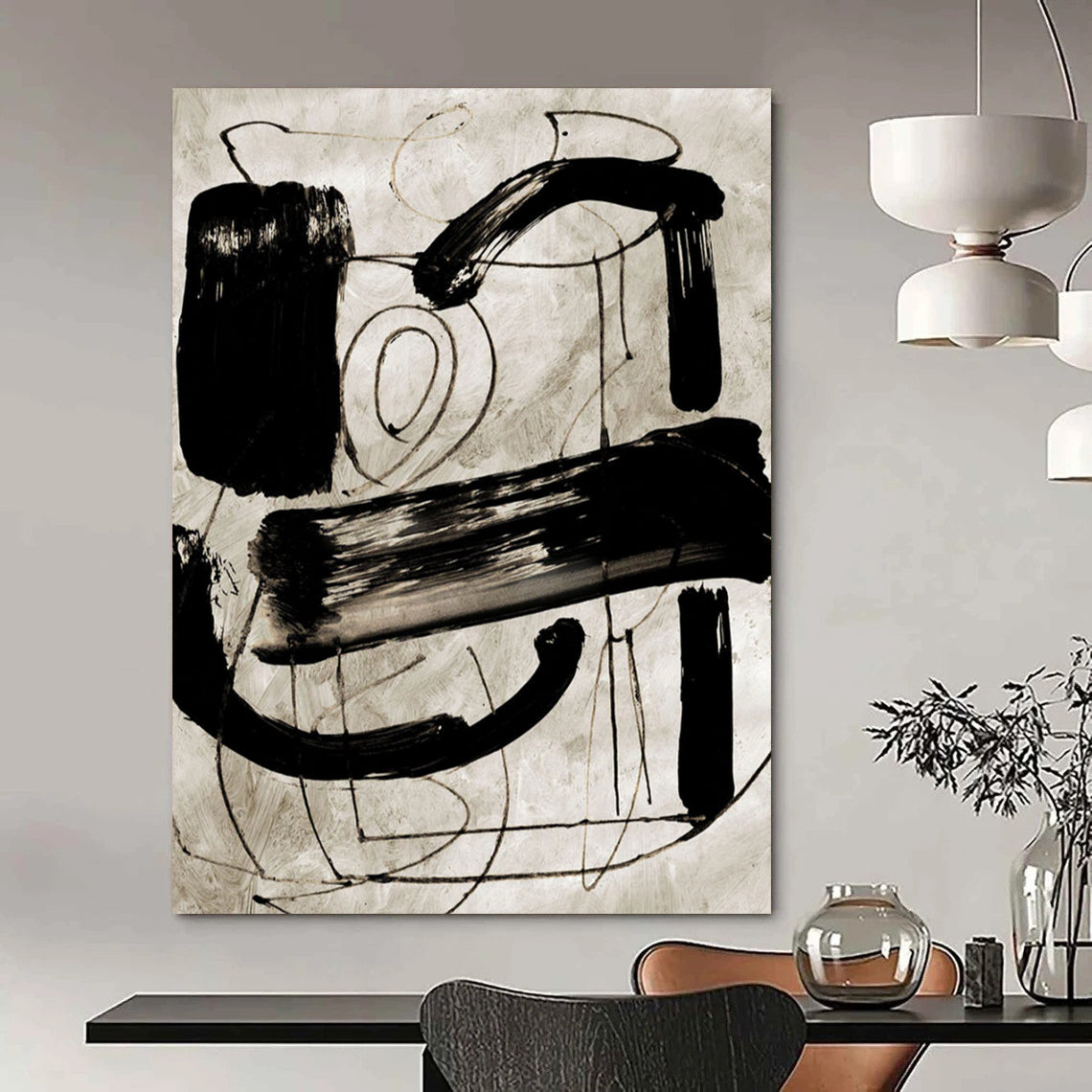 “Black Ink Abstraction” - Bold Strokes on Light Background Painting On Canvas DS169
