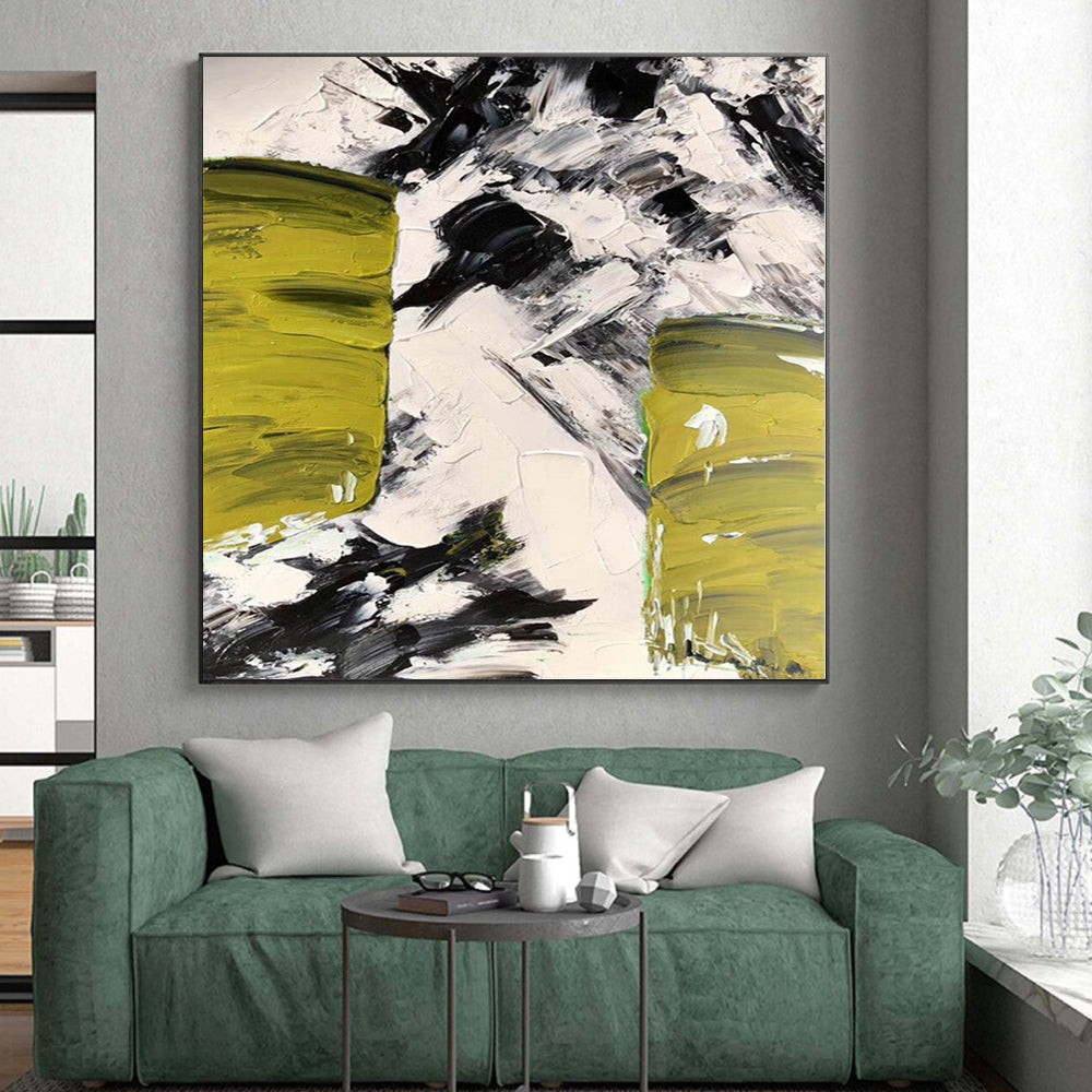 “Bold Green - Black - White Abstract Strokes” - Expressive Abstract Painting On Canvas PS0305