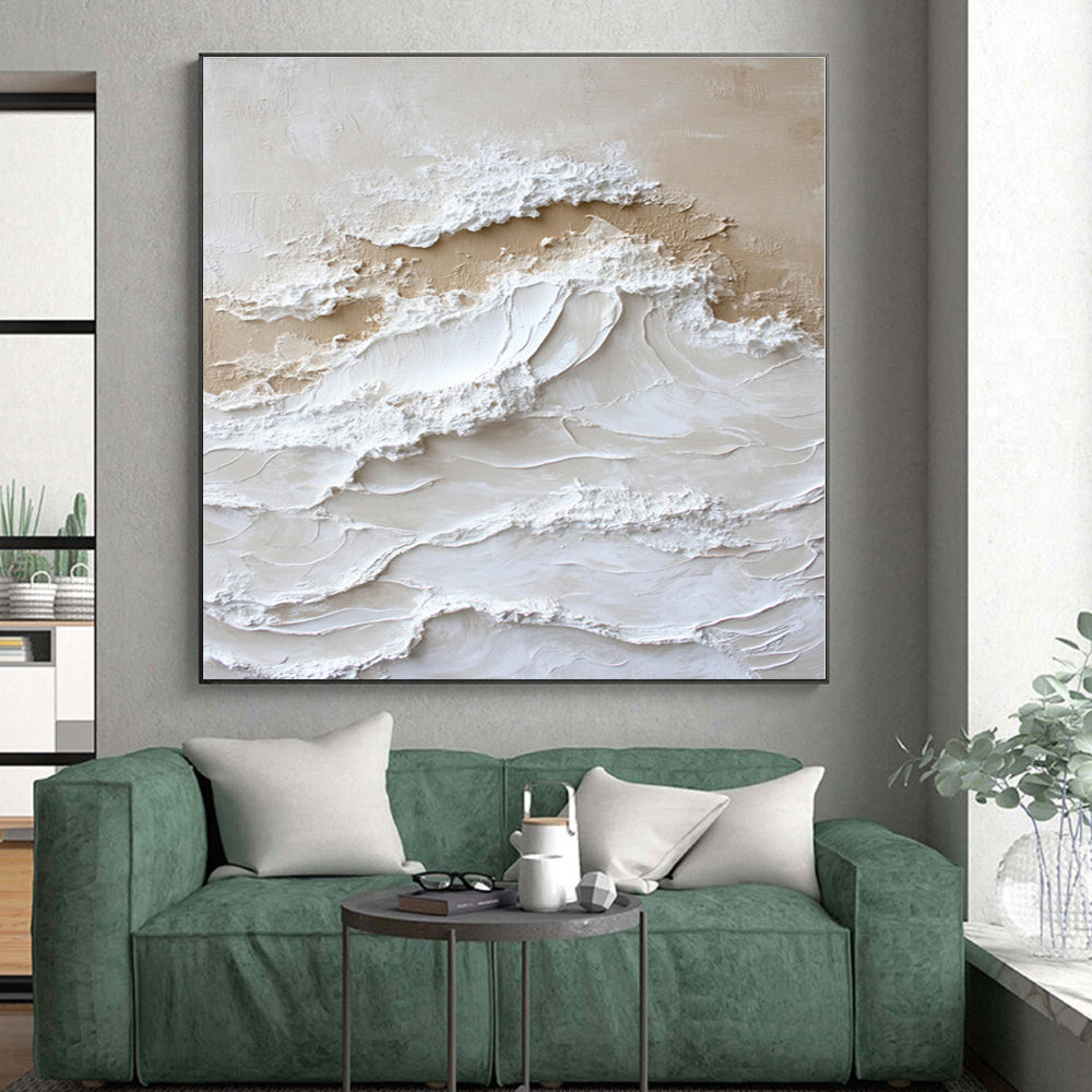 “Cream - White Textured Waves” - Cream, White Textured Abstract Painting On Canvas PS0444