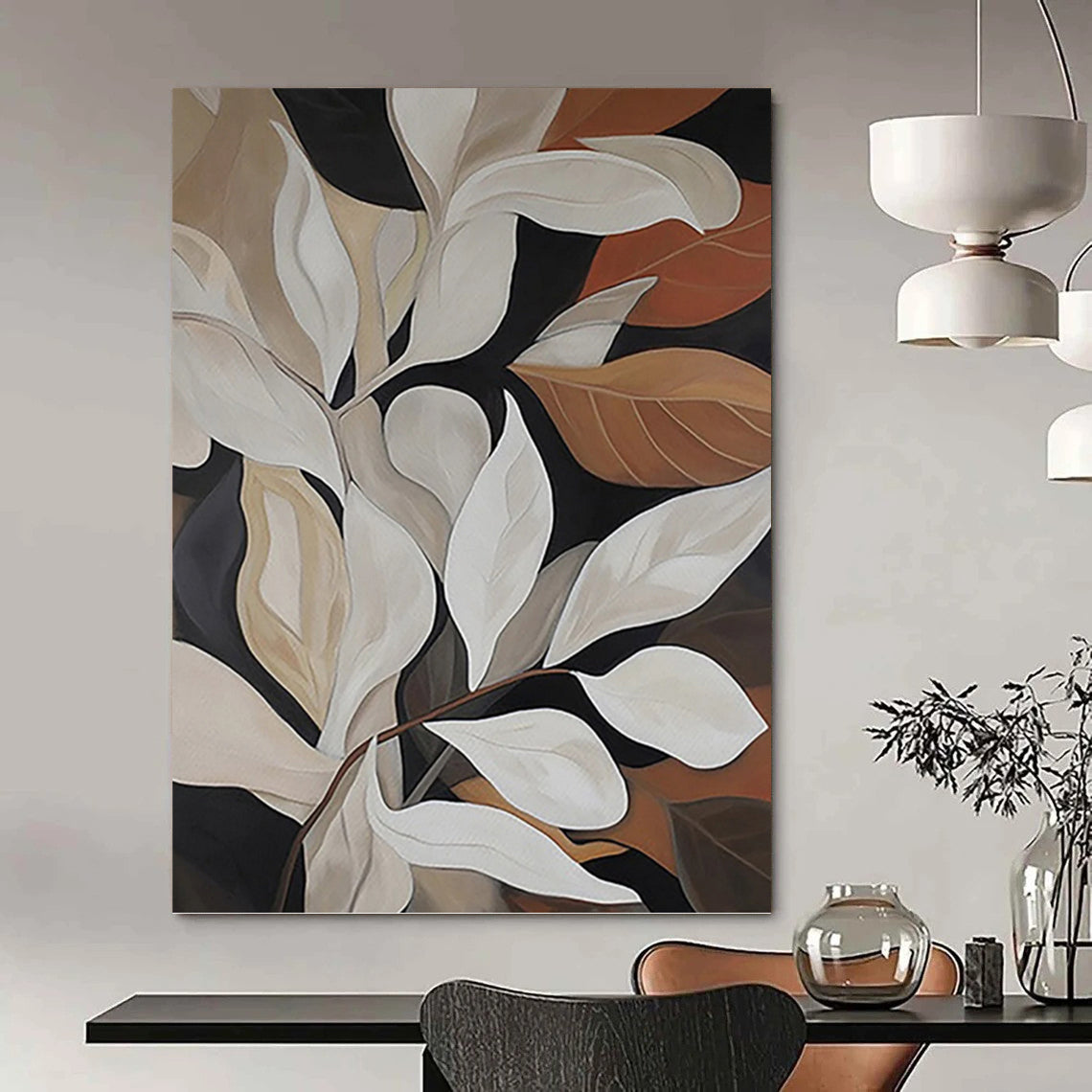 “White - Brown Leafy Composition” - Botanical Abstract Painting On Canvas PT1125