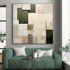 “Neutral & Green Squares” - Beige, Green Abstract Minimalist Painting On Canvas PS0395