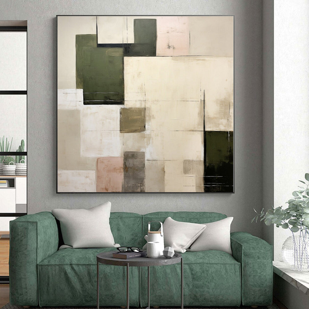 “Neutral & Green Squares” - Beige, Green Abstract Minimalist Painting On Canvas PS0395