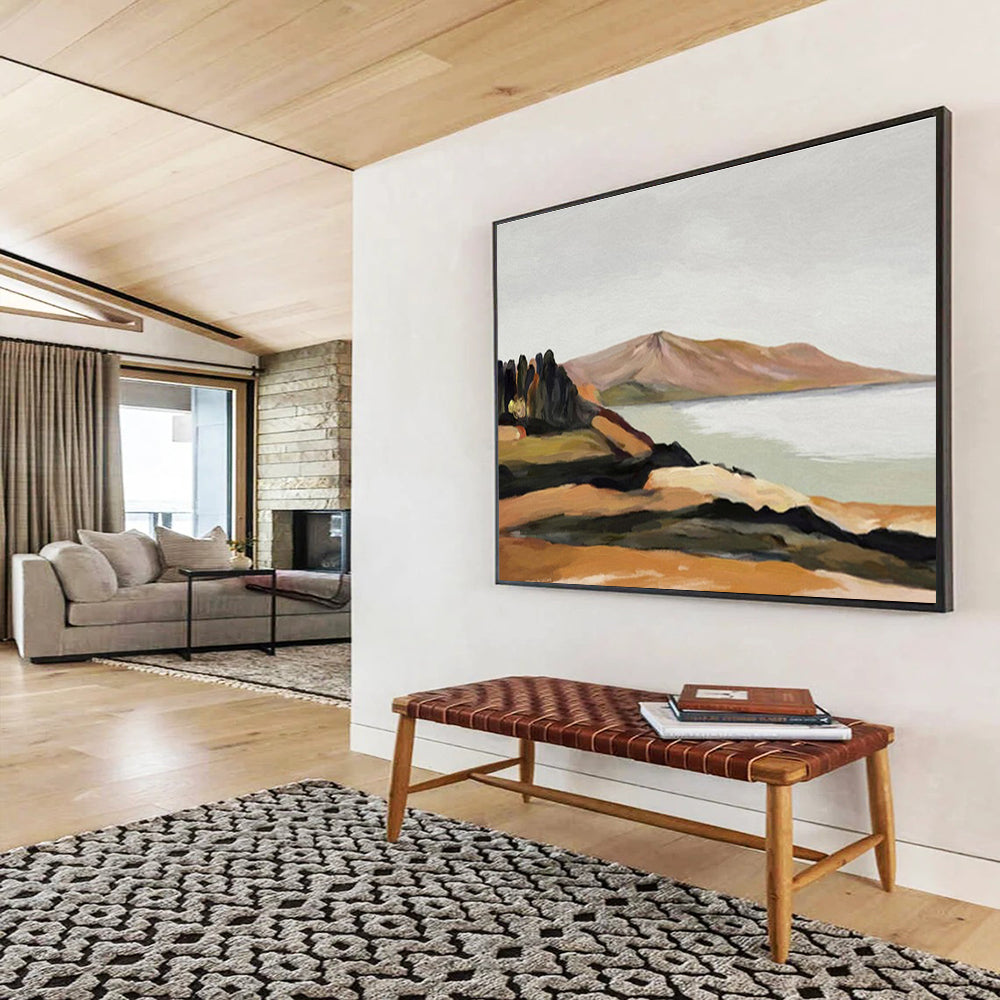 “Minimalist Coastal View” - Brown, Green & Blue Landscape, Modern Oil Painting On Canvas DKS729