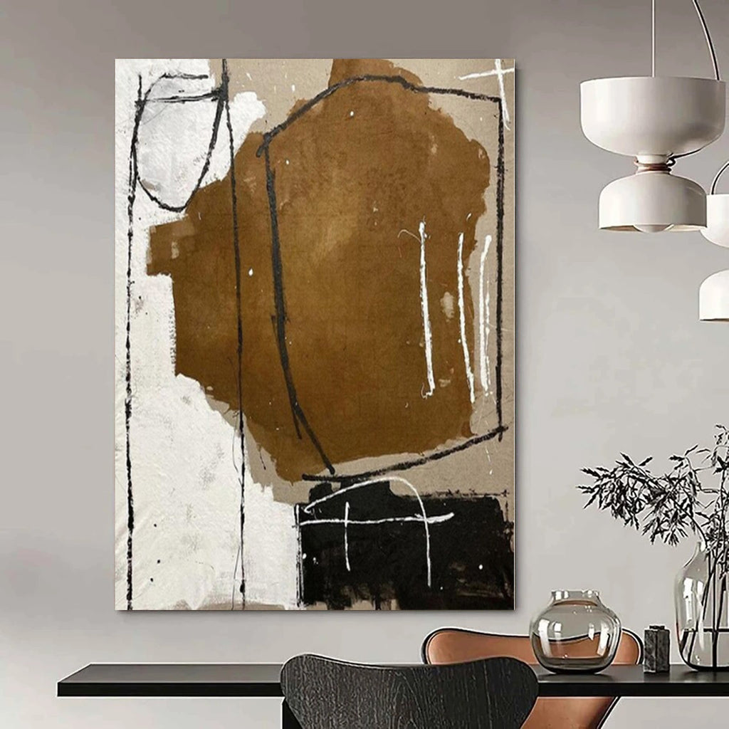 Brown, White and Black with Raw Brushstrokes "Rustic Sketch" Abstract Painting On Canvas PS1125