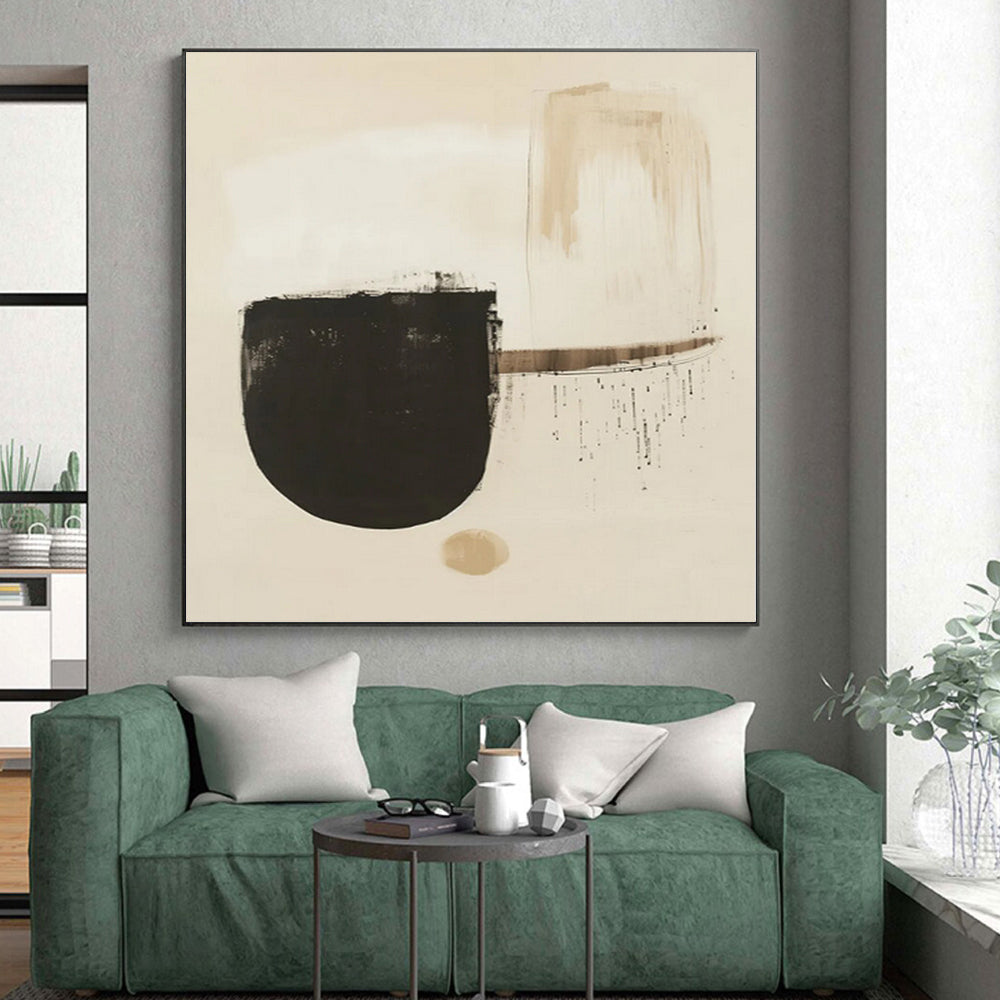 “Subtle Beige - Black Abstract Shapes” - Contemporary Abstract Painting On Canvas PS0275