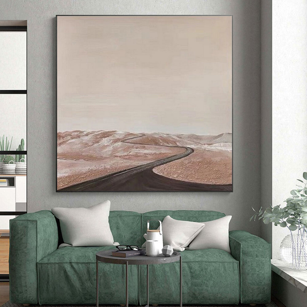 “Desert Road Journey” - Beige, Brown, Black Abstract Landscape Painting On Canvas PS0665