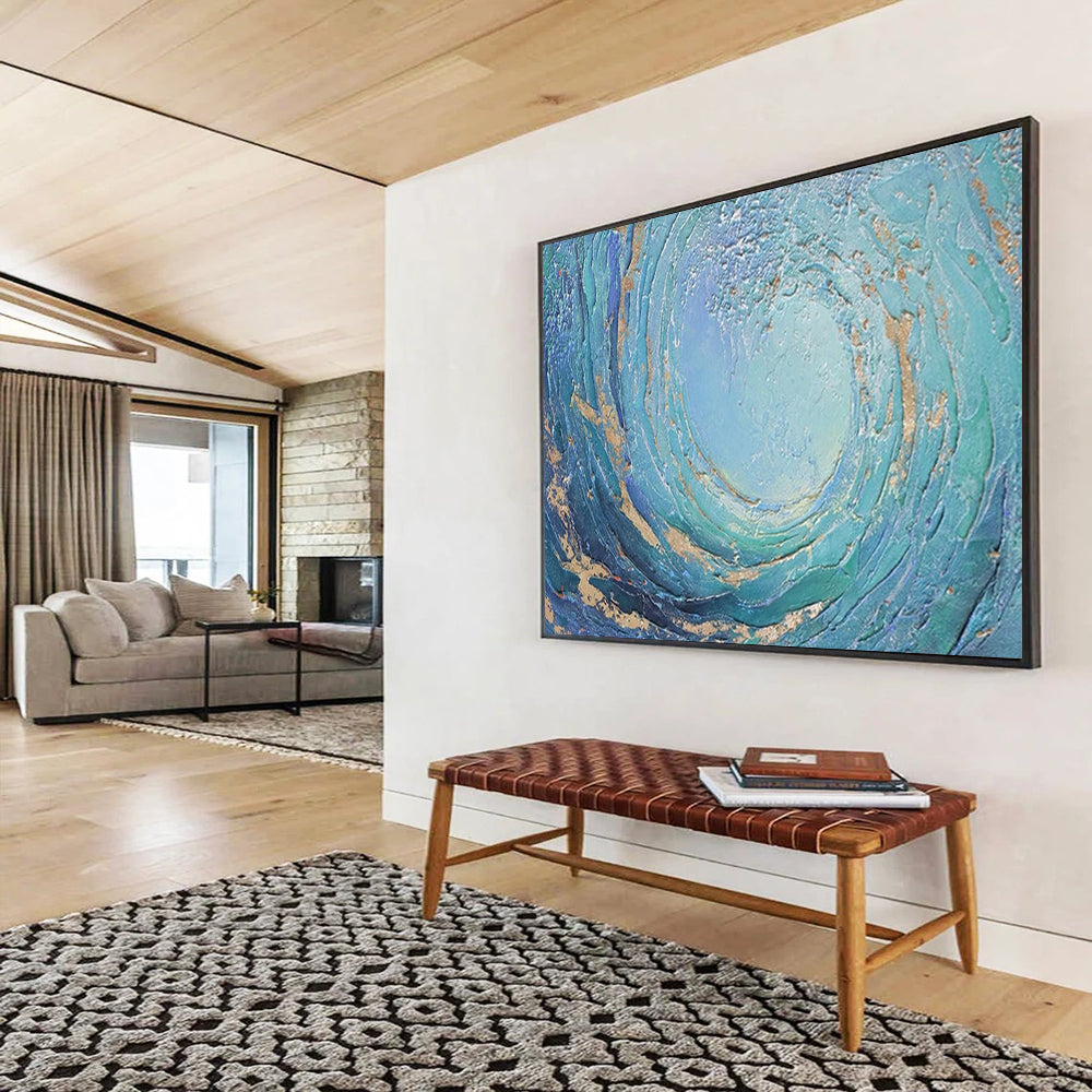 “Blue - Gold Swirl Ocean” - Textured Abstract Painting On Canvas PT254