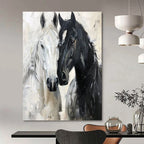 “Black - White Horses Impasto” - Impressionist - Inspired Animal Painting On Canvas PT1401