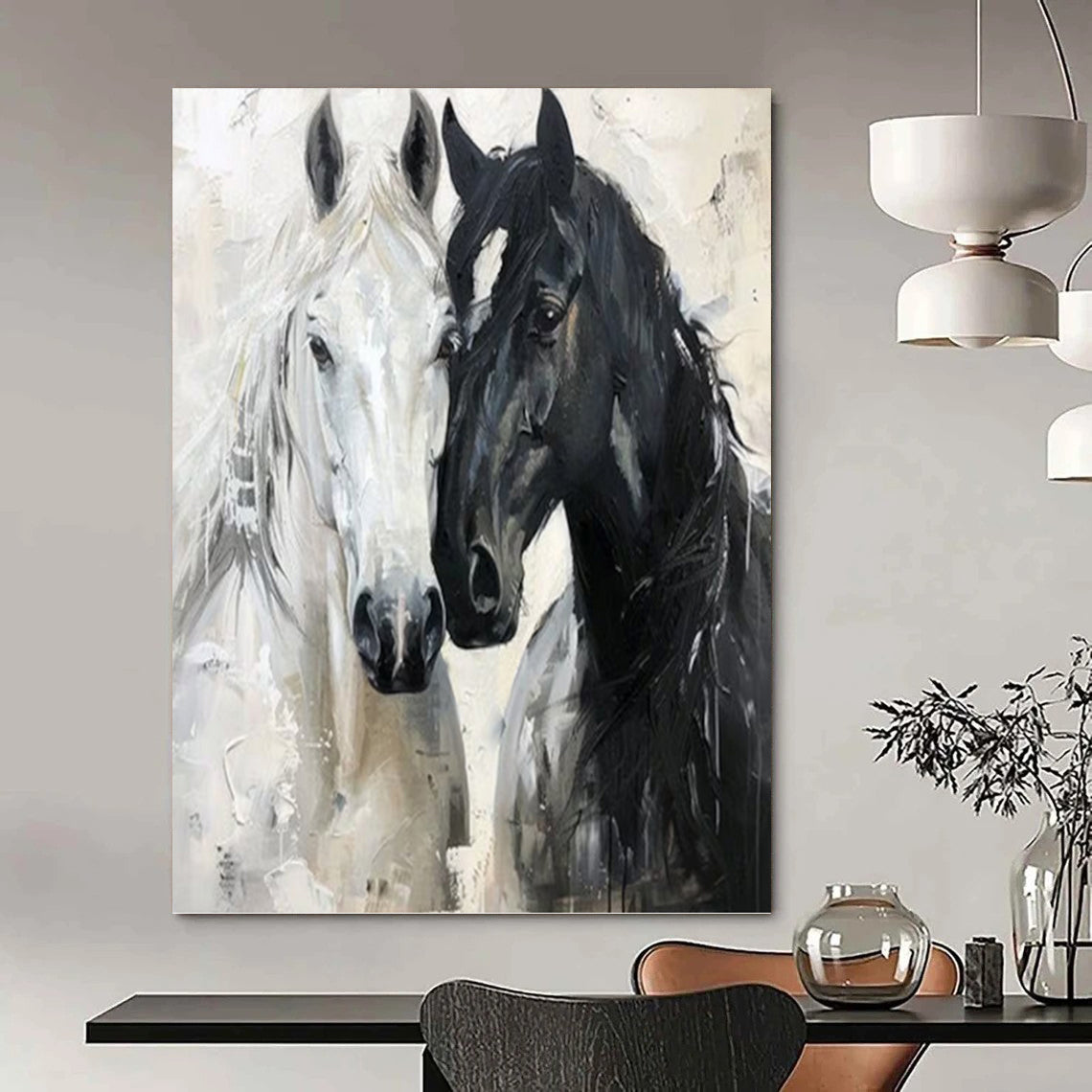 “Black - White Horses Impasto” - Impressionist - Inspired Animal Painting On Canvas PT1401