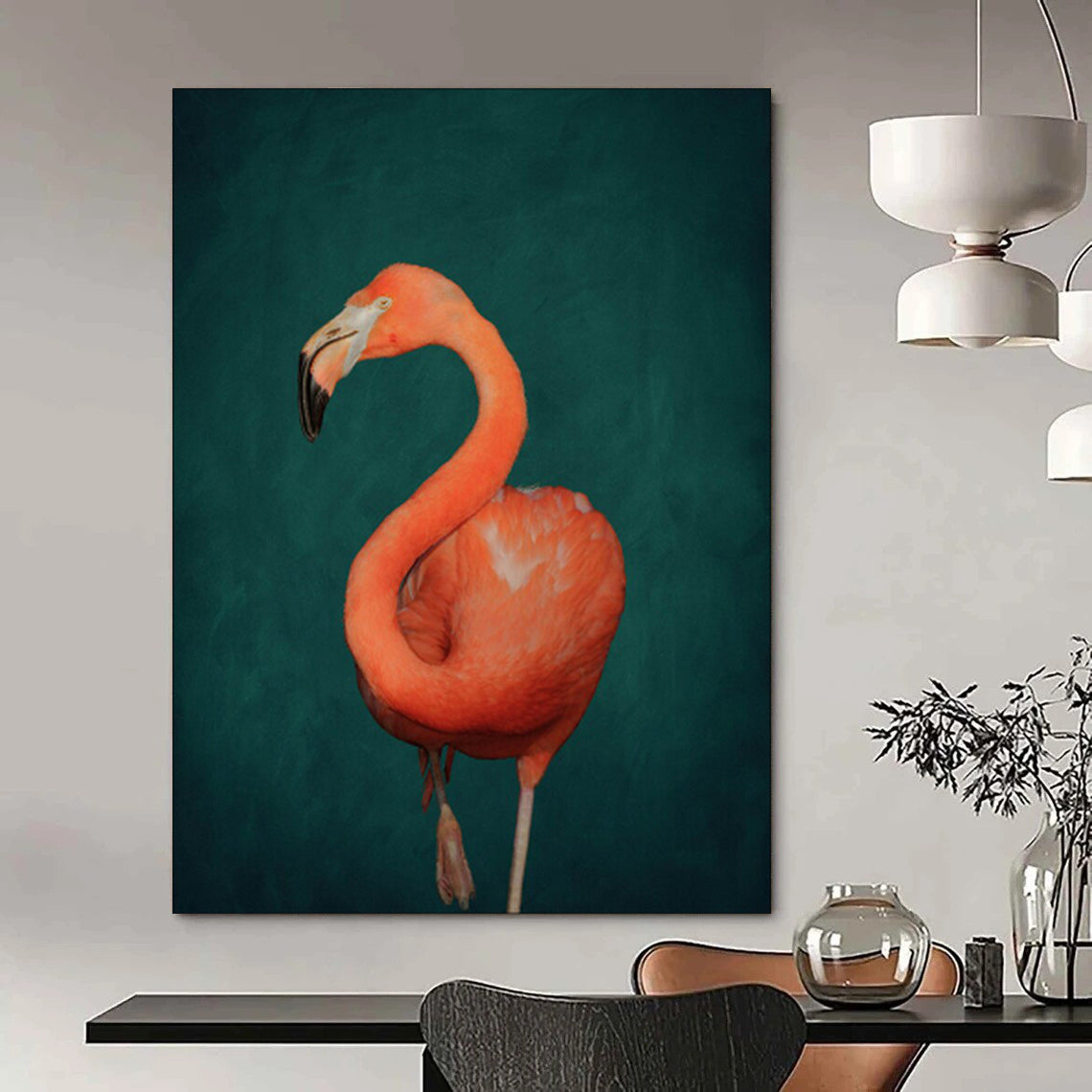 “Pink Flamingo on Dark Green” - Wildlife Portrait Painting On Canvas PT1920