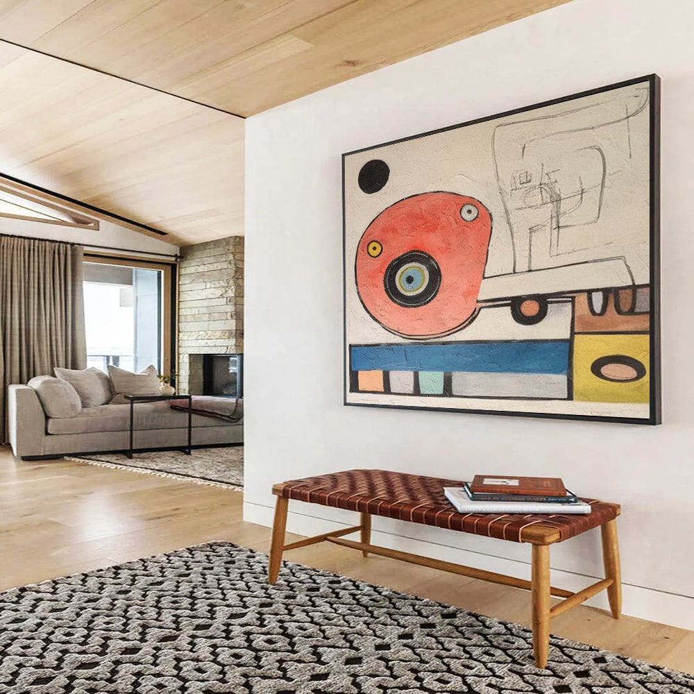 “Whimsical Abstract Forms in Red, Blue & Colorful Dots” - Miró - Style Fantasy Painting On Canvas PT004