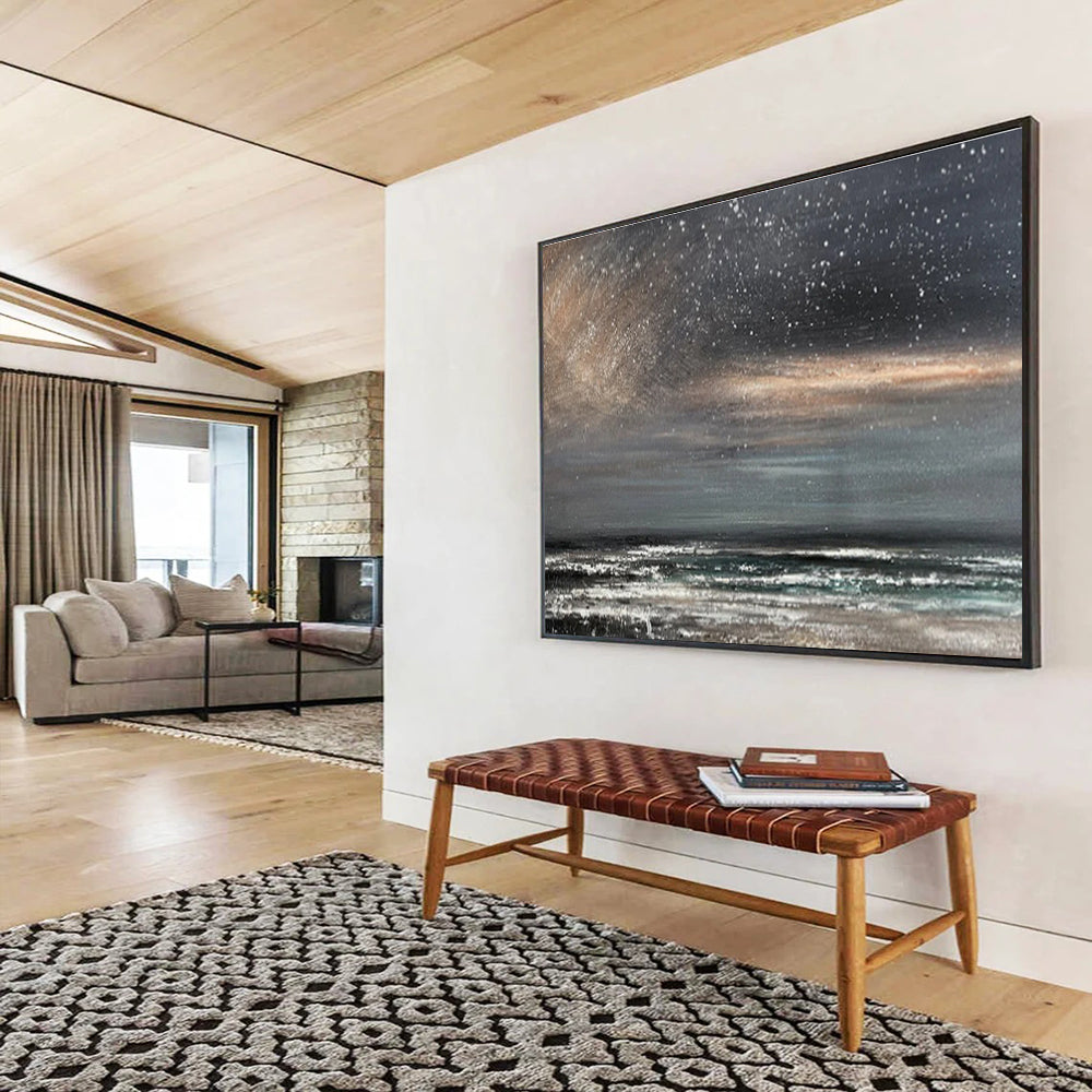 Dark Sky with Stars Over Grey Sea Seascape Painting On Canvas DKS103