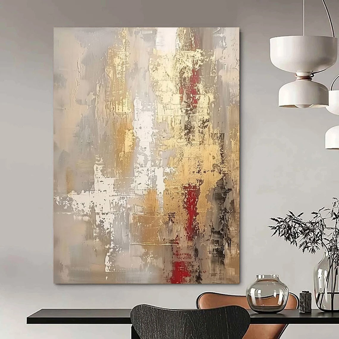 Gray, Gold, White, and Red (Repeat), "Echoes of Gilded Ruins" – Abstract Painting On Canvas PS1022