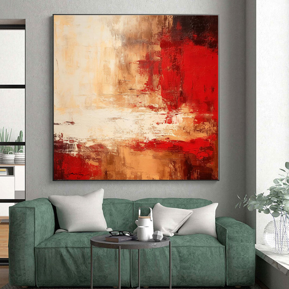“Red - Beige Abstract Landscape” - Red, Beige Abstract Painting On Canvas PS0481