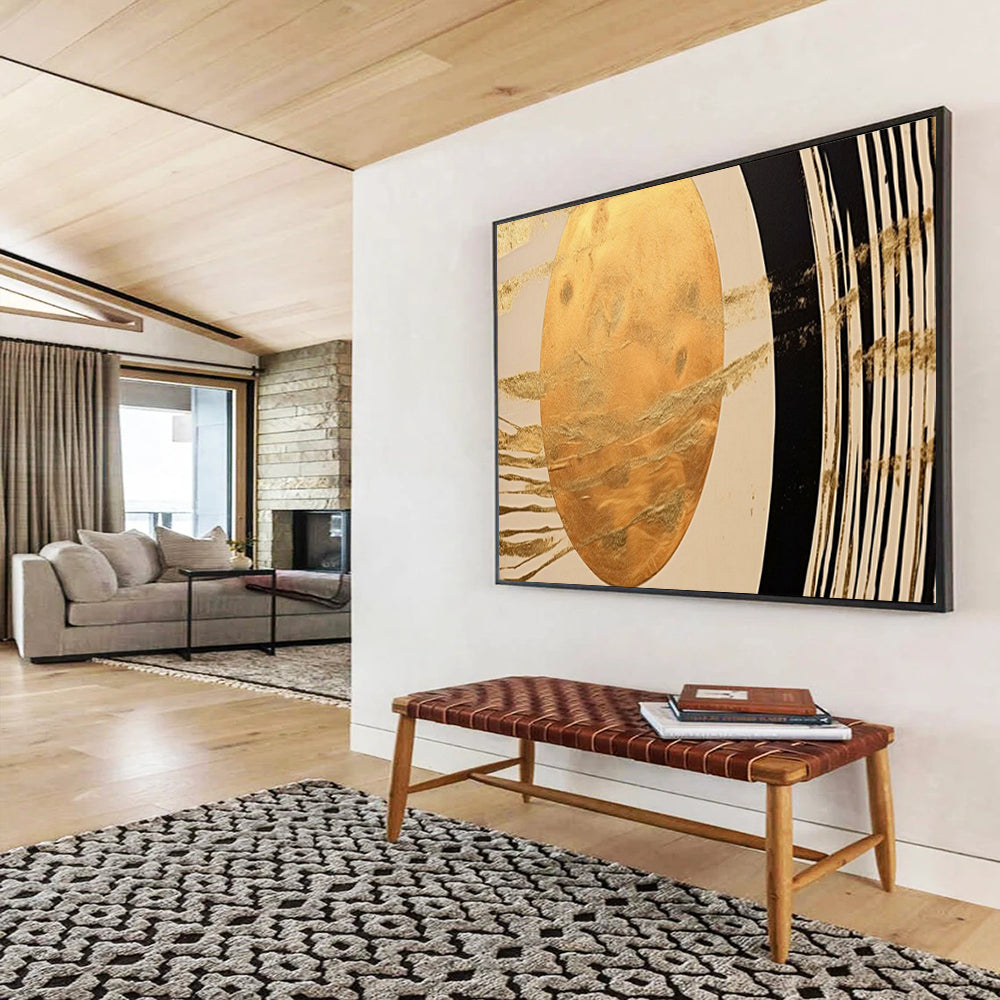 “Gold Oval & Black - White Lines” - Abstract Symbolist - Painting On Canvas PT1712