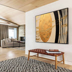 “Gold Oval & Black - White Lines” - Abstract Symbolist - Painting On Canvas PT1712