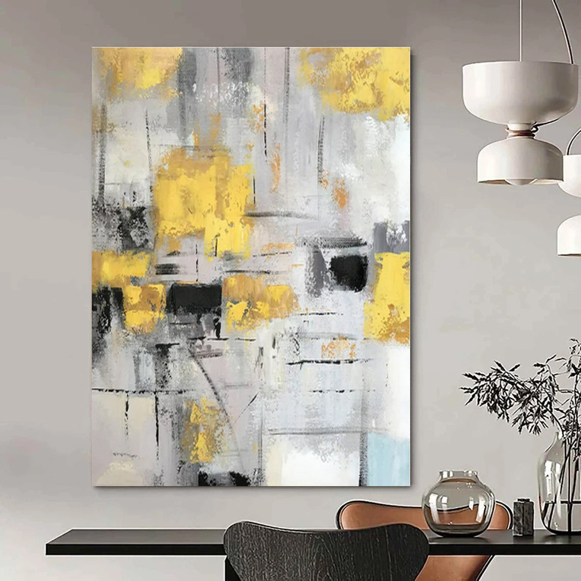Gray, Yellow, Black with Abstract Blocks "Urban Gleam" Abstract Painting On Canvas PS1314