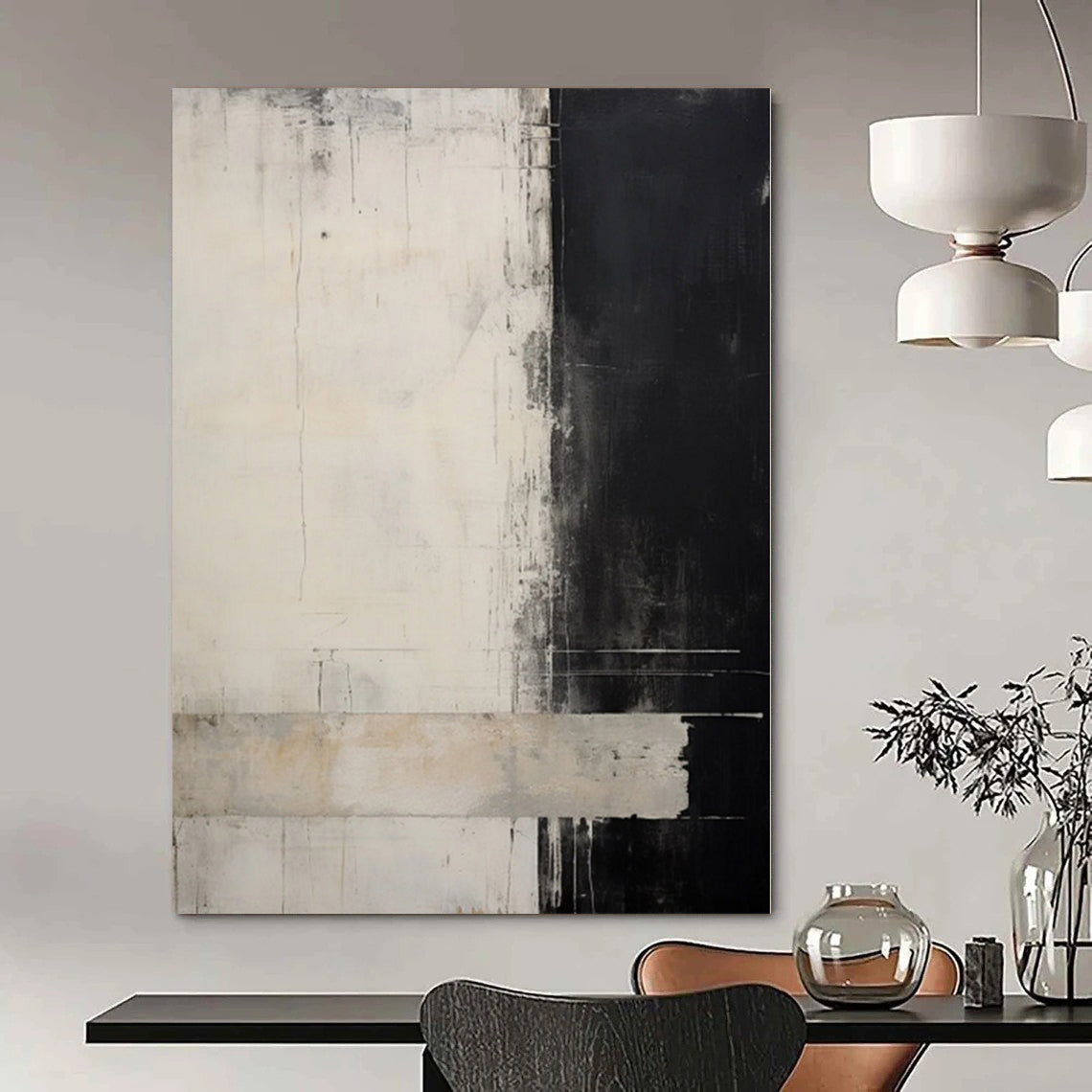 “Black - White Abstract Divide” - Monochromatic Abstract Painting On Canvas PS0220