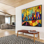 “Colorful Abstract Figures” - Yellow, Blue & Red Figurative, Cubist - Style Painting On Canvas DKS768