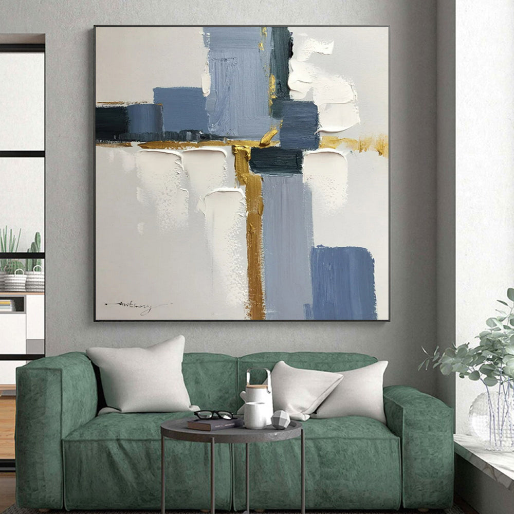 Blue, Gray, Gold Geometric Harmony “Elegant Intersection” - Painting On Canvas PS0805
