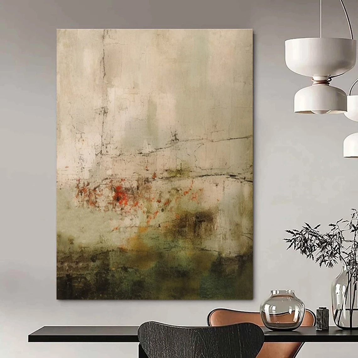 Beige, Gray, Green, Red with Subtle Lines "Faded Memory" Abstract Painting On Canvas PS1469