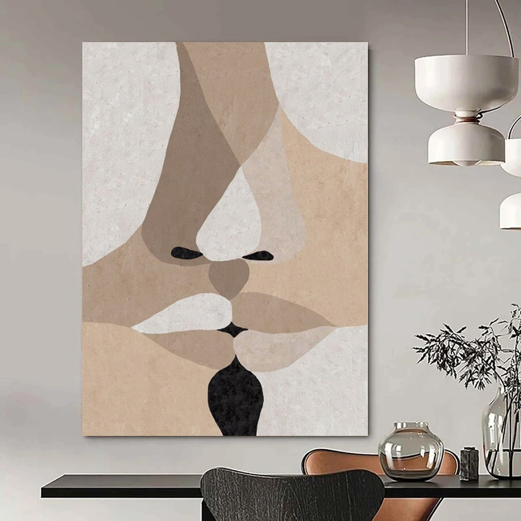 Beige, Brown, White and Black with Layered Facial Forms "Intimate Fusion" Abstract Painting On Canvas PS1157